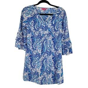 Lilly Pulitzer Blue & White Paisley Bell Sleeve Tunic Dress XXS Rayon Womens